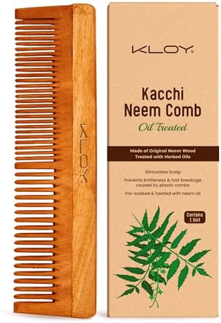 KLOY Oil Treated Kacchi Neem Comb, Treated with Neem Oil, Bhringraj & 15+ Herbs, Hair Growth, Anti Hairfall, Dandruff Control | Hair Straightening, Frizz Control Comb For Men, Women (Dual Tooth)