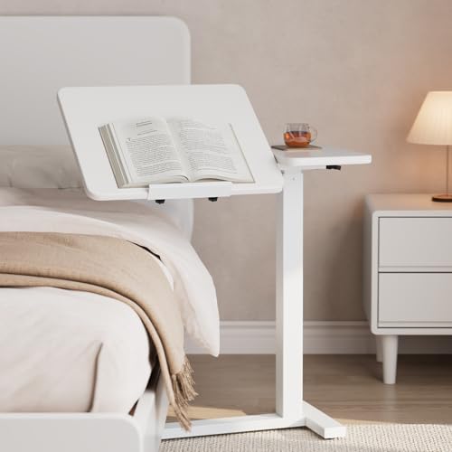 DONGMUWUJEE Solid Wood Overbed Bedside Table with Wheels, Tilting Adjustable Hospital Bed Table Over The Bed, Medical Mobile Laptop Stand, Rolling Standing Desk for Hospital and Home Use(White)