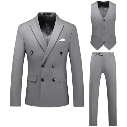 Men Full Notched Lapel Double Breasted 3-Piece Wedding Graduation Casual Banquet Suit Gray
