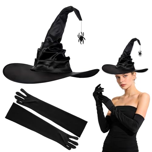 XJWZGM Karneval Hexenhut und Lange Handschuhe HexenkostüM Damen Damen Hexenhüte und Lange Handschuh Set Schwarze Hexenkostüm-Accessoires für Frauen für Karneval Fasching Mottoparty Cosplay Party