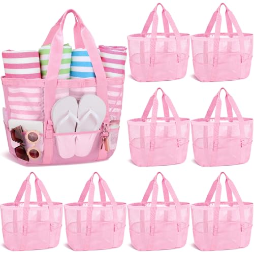 Image of Hillban Large Beach Mesh Bags Bulk for Women Beach Tote Bag with 8 Pocket Zipper Waterproof Sandproof for Pool Cruise Ship