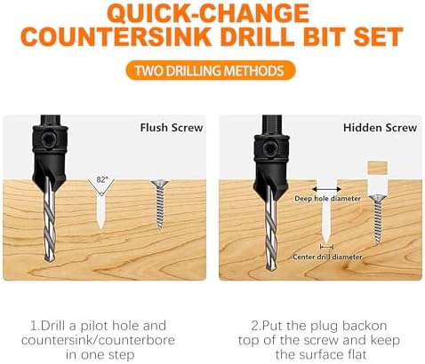 OioTuyi 5Pcs Countersink Drill Bit Set with 1/4" Hex Shank for Wood, Adjustable Woodworking Countersink Bits with Replaceable Drill Bits & Wrench