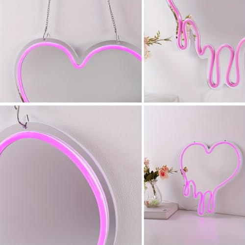 Image of Heart Pink Neon Sign, for Wall Decor, LED Dripping Heart Acrylic Makeup Mirror Neon Signs With Base and Dimmer Switch, for Bedroom Makeup Mirror Home Decor Living Room Bar Wedding Party