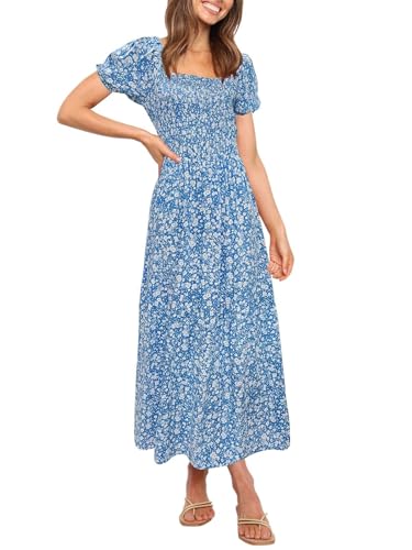 Image of ZESICA Women's 2026 Summer Boho Floral Print Dress Square Neck Ruffle Swing Beach Vacation Long Maxi Dresses