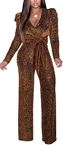 SeNight Elegant Jumpsuits for Women's Sexy Long Sleeve Cocktail Mock Neck Shiny Straight Long Pants Rompers with Zipper Thanksgiving