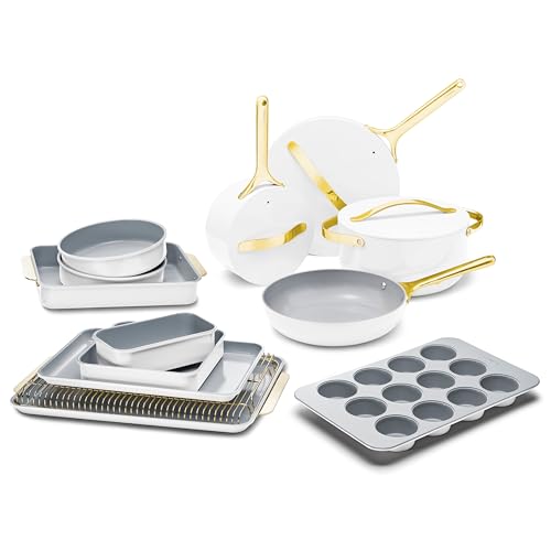 Caraway 23-Piece Nonstick Ceramic Cookware & Bakeware Set – Pots, Frying Pans, Lids, Baking Sheets, Pans, Cooling Rack & Storage – Oven Safe, Non-Toxic – Compatible with All Stovetops - White