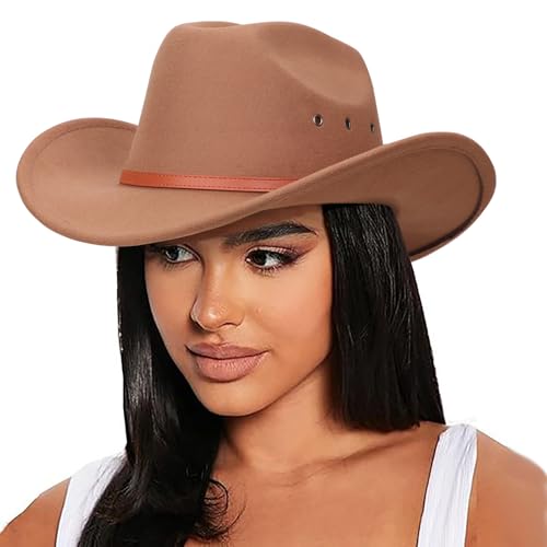 Image of DRESHOW Cowboy Hat for Women and Men Western Felt Cowboy Cowgirl Hat Wide Brim Belt Buckle Retro Fedora Hats Unisex Caps