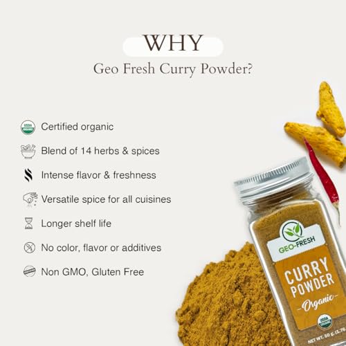 Geo-Fresh Organic Curry Powder – 1.76 oz (50g) – Organic Curry Powder – Curry Seasoning – Indian Curry Powder – USDA Certified – Kosher, Non-GMO, Gluten-Free – Authentic Yellow Curry Blend