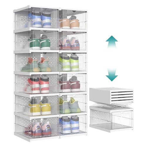 SONGMICS Schuhschrank 2er Set, mit 12 Schuhboxen, integrierter Schuh-Organizer, faltbar, tragbar, für Schuhe bis Größe 46, 1-Min-Montage, transparent-wolkenweiß LSP206W01