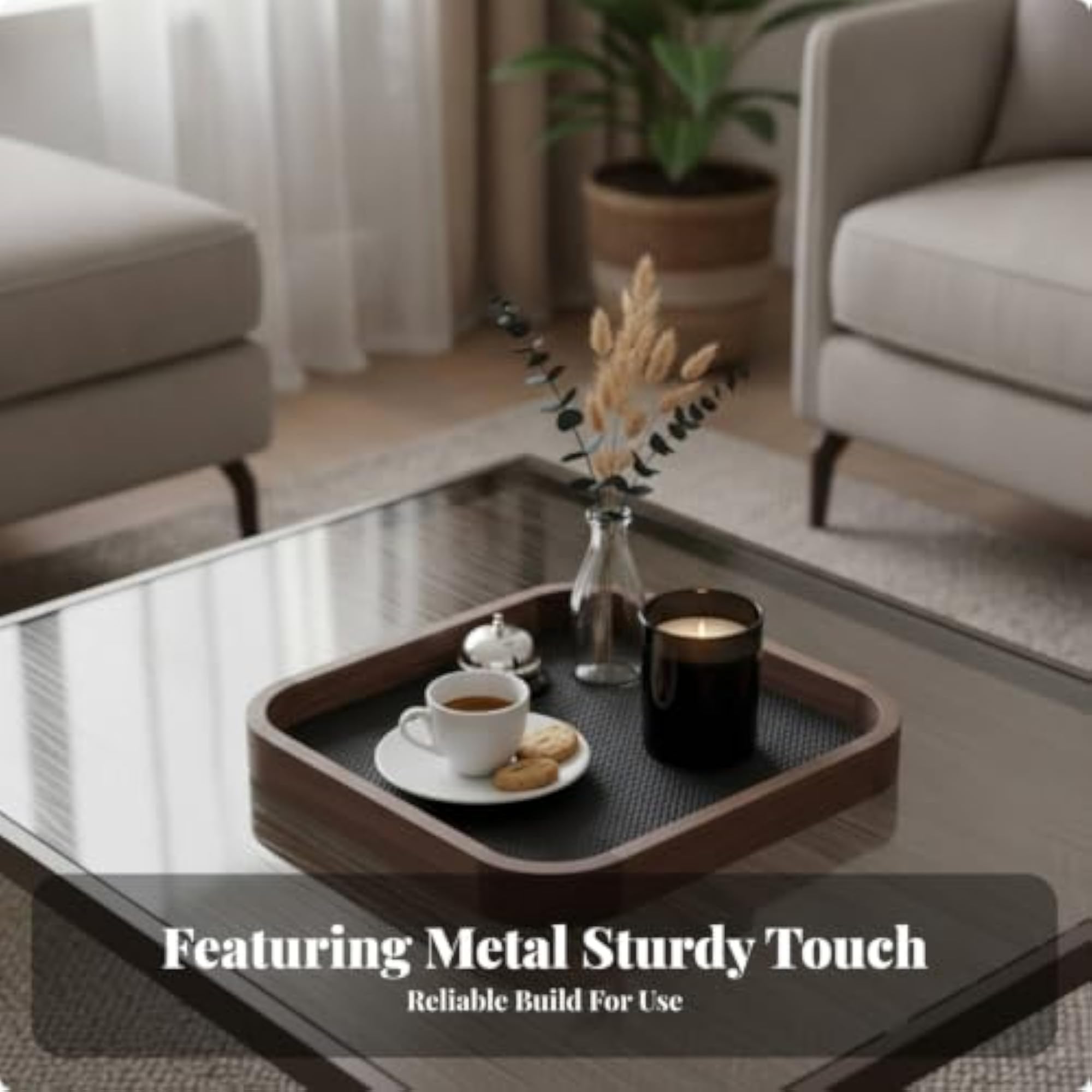 CLOVRIX® Rounded-Square Leather Edged Wood Decorative Tray