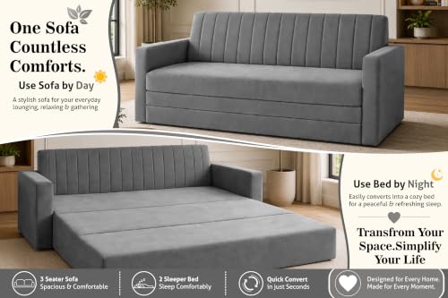 Image of 3-Seater Velvet Sofa Cum Bed with Armrests | Modern Convertible Sleeper Couch | Stylish Sofa Bed for Living Room, Bedroom & Office | Grey