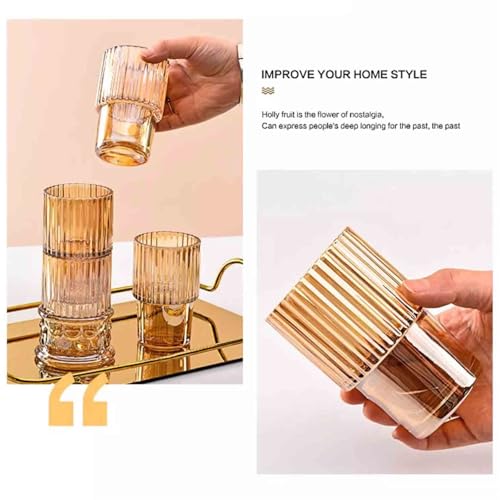 Vasos color ámbar para bebidas diarias, juego de 4 piezas de vidrio apilables con relieve 4