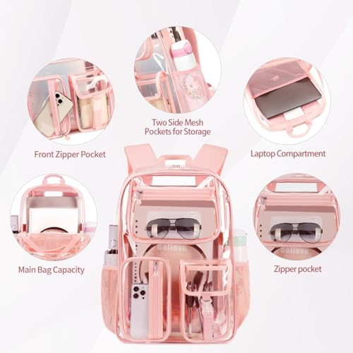 Image of Pink Clear Backpack Heavy Duty For Stadiums Events,16in TPU Girls BookBag | Large capacity See Through Plastic backpack Stitch Durable Design 6-Pocket For School Girl Adults work Airport Quick Security