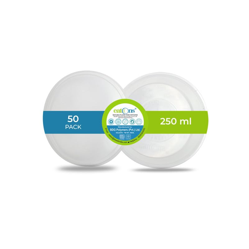 EATONS 250ml pack of 50 natural Reusable Plastic Food Containers with Lid For Food Storage, Food delivery, Cloud Kitchen, Party, Restaurant & Catering supply to diverse needs (250ml)
