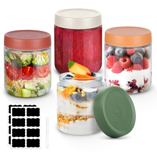 LWMTT Tarros de Cristal,4Pcs Botellas de Cristal con Tapa, Tarros de Avena Nocturna de 500 ml (4)