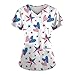 4th of July Scrubs for Women V Neck Short Sleeve Printed Tops Cartoon Pattern Plus Size Nursing with Pockets White XL