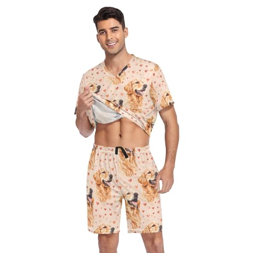 Men's Pajama Set Golden Retriever Dog Hearts Short Sleeve with Shorts Pockets Sleepwear Set Summer Loungewear3