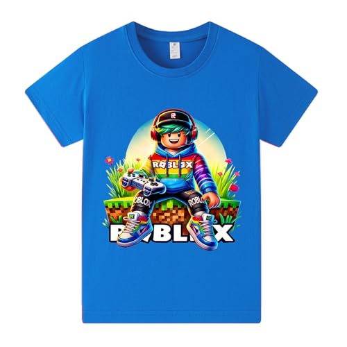 Image of Duoxinbos Roblox T-Shirts Boys,100% Cotton Funny Kids Girls Tops,Youtuber Teen PS4 Game Character Movie Inspired Short Sleeve Shirts Casual Crew Neck for Ages 2-13 Blue