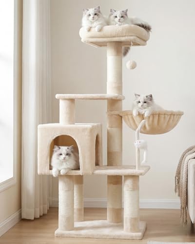 Image of Heybly Cat Tree with Toy, 43.3 inch Cat Tower for Indoor Cats HCT004SM | Cat Condo with Durable Sisal Scratching Posts, Cat House with Padded Plush Perch, Cozy Hammock, Beige