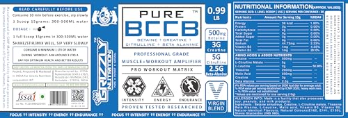 Image of Grizzly Nutrition, Pure BCCB 450g, 30g Energy caffeine pack - Betaine, Creatine, Citrulline, B alanine, researched muscle, strength, endurance, growth formula, before workout /Intra workout, Watermelon