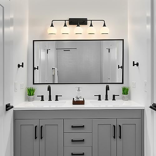 Image of Black Bathroom Light Fixtures 5-Lights Vanity Lights with Milky White Frosted Glass Shade Bathroom Vanity Light 39.2 inch Wall Sconce Lighting Bath(Exclude E26 Bulb)