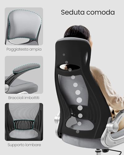 Sedia da Ufficio, Poltrona Girevole, con Braccioli Ribaltabili, Poggiatesta e Supporto Lombare, Inclinazione ad Oscillamento, Superficie in Rete, Grigio Tortora OBN86G01 - Sedia gaming - Immagine 3