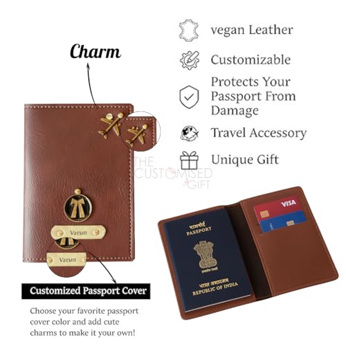 Image of Leather Passport Cover Holder for Men & Women Personalised Name & Charm, Passport Cover, Full Size, Gifts for Men & Women (Premium Passport Cover)