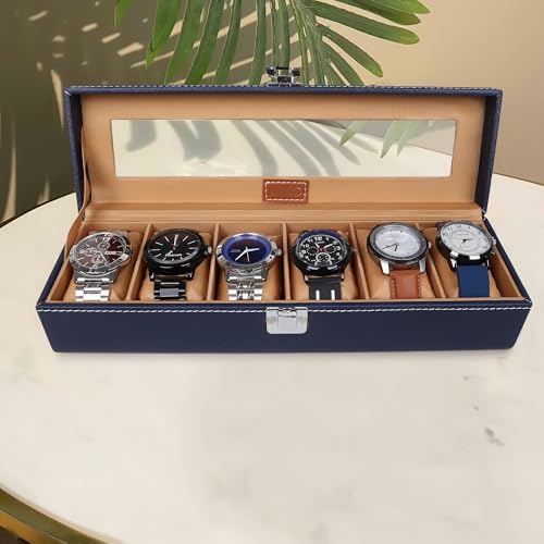Image of LEDO Watch Box Organizer Case with 6 Slots, Transparent Display, PU Leather Exterior, Blue & Cream Velvet Interior, Metal Clasp Lock, Rectangular Storage Case for Men