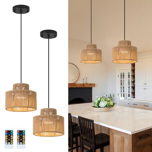 Dijiahua Rattan Battery Operated Pendant Lighting 2 Pack,Boho Kitchen Island with Remote Control,Wireless Rechargeable 3 Color Temperatures Lamp with Woven Shade, Indoor Hanging Lighting