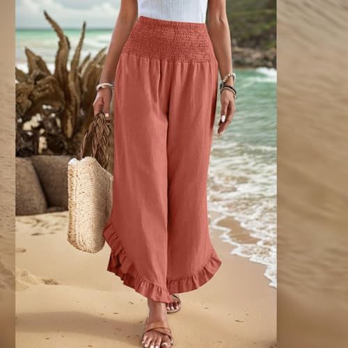 Linen Pants for Women 2025 Summer Casual Loose Flowy Boho Pants,Smocked Waist Ruffle Palazzo Pant with Pockets2