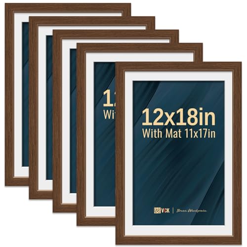 Image of VCK 12x18 Frame 5 Pack, Brown Wood, 11x17 Mat, Glass, for Picture Prints