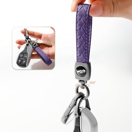 Image of Gkeygo Carabiner Keychain, Universal Heavy Duty Woven Handmade Leather Key Chain, Car Fob Key Keychains with 360 Degree Rotatable Snap Swivel and Anti-Lost D-Ring for Men and Women, Gunmetal - Purple
