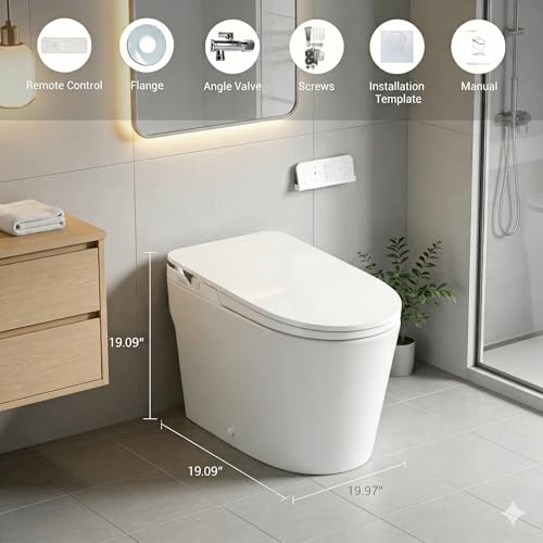 Inodoro inteligente con bidé integrado, inodoro de una pieza alargado con tanque y bomba, tapa manual, descarga por pedal, asiento calefactado, agua tibia, secador de aire, luz nocturna, sin control remoto miniatura 7