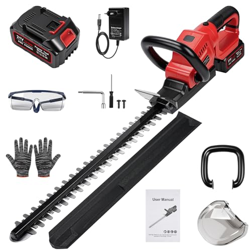 Taille Haie sans Fil 21 V avec Batterie 3000 mAh et Chargeur, Longueur de Coupe 56 cm, Écartement des Dents 18 mm, Lame Sk5 Double Tranchant, Taille-Haie...
