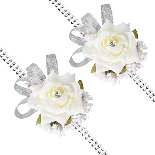 YQing 2 Piezas Pulsera de Ramillete de muñeca Rosa, niña Dama de Honor Boda Rosa Plateado Bling Ribbon Rhinestone Cover