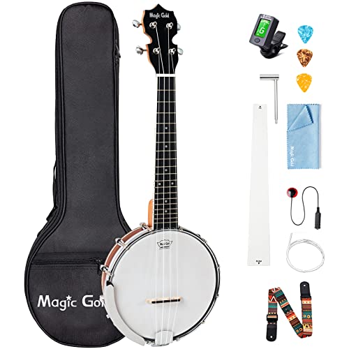 Magic Gold Banjo Ukulele, Concert 23 Inch 4 String Banjolele with Armrest, Sapele Banjo Uke with Beginner Kit