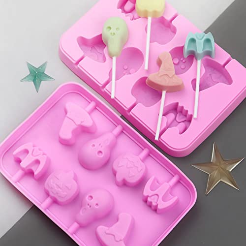 Halloween Silicone Cake Pop Mold Set, 8 Cavity Lollipop Molds Including Pumpkin, Evil, Skull, Ghost Candy Design Great For Lollipop, Hard Candy, Chocolate Cupcake Topper Decorating 2 Pcs, Pink #TOP2