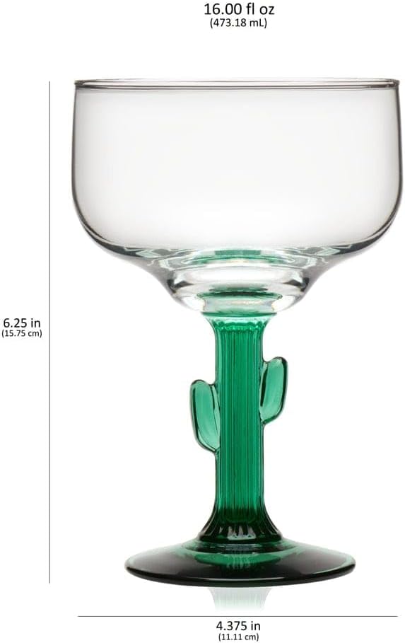 Libbey Cactus Margarita Glasses, 16 oz Crystal Margarita Glassware with Green Stem, Set of 4