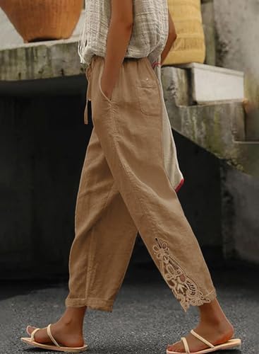 Image of Women Casual Lightweight Drawstring Elastic Waist Cropped Linen Pants Fall Spring Slacks Capri Pants Trendy Fashion 2026 Beach Trousers with Pockets Khaki Large