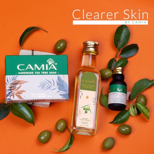 Image of CAMIA - 100% Organic Cold Pressed Olive Oil, 250 ML + Tea Tree Essential Oil, 15 ML + Tea Tree Soap, 125 Gm | Gentle Acne Stop Treatment Skincare Combo Set | Your Road to Noticeably Clear Skin