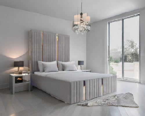 mm08enn Panel Plush Velvet Upholstered Bed Frame, Single, Double, King, Super King Size with Gold Strips (Blue, 4ft6 Double)