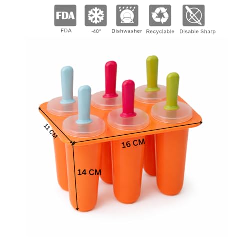 Image of Silicone Popsicle Kulfi Mold Set (6 Cavities) with Reusable Sticks | BPA Free | Ice Cream /Kulfi /Ice Candy Maker | Food Grade | Easy Release | Dishwasher Safe (Orange)