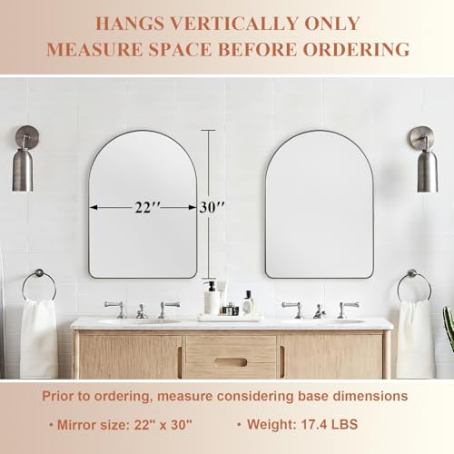 Image of ANDY STAR Arched Mirror, 22 x 30 Inch Brushed Nickel Wall Mirror in Stainless Steel Metal Frame, Arch Top Rounded Corner 1 Inch Deep Set Design Wall Mount Hangs Vertical