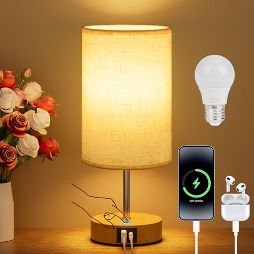 Générique Lampe de chevet tactile avec ports USB-A et USB-C, variateur 3 niveaux, abat-jour en lin, base en bois, ampoule incluse, chambre et salon