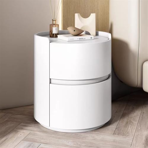 HJYBFA Mesita de Noche Moderna con 2 cajones, Redonda, para Dormitorio y Armario, cómoda de Madera, Superficie de Piel sintética, sin ensamblaje, Mueble de Noche (Blanco, 40 cm/15,