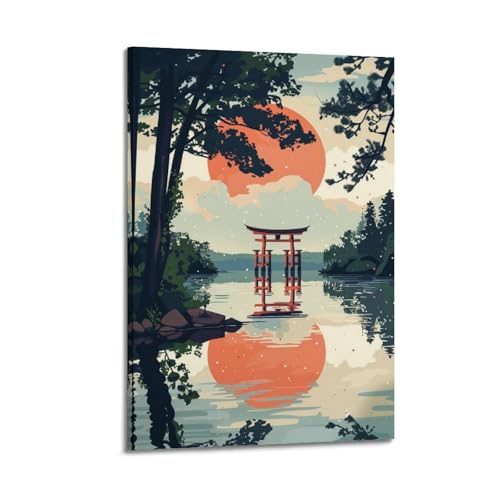 Poster paysage graphique Torii coucher de soleil moderne sur toile 40x60cm