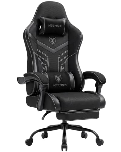 MEENICE Ergonomic Gaming Chair with Footrest for Adults, Leather Mesh Black