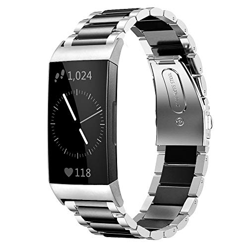 Shangpule Compatible for Fitbit Charge 3 / Fitbit Charge 4 / Fitbit Charge 3 SE Bands, Stainless Steel Metal Replacement Strap Bracelet Wrist Band Large Small (Silver + Black)