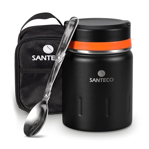 SANTECO Termo de Comida Caliente Aislado al Vacío - Frasco Tarro de Acero Inoxidable de Doble pared con Cuchara Plegable sin BPA, Bolsa de Viaje Aislante a Prueba de Fugas - 500ml Negro
