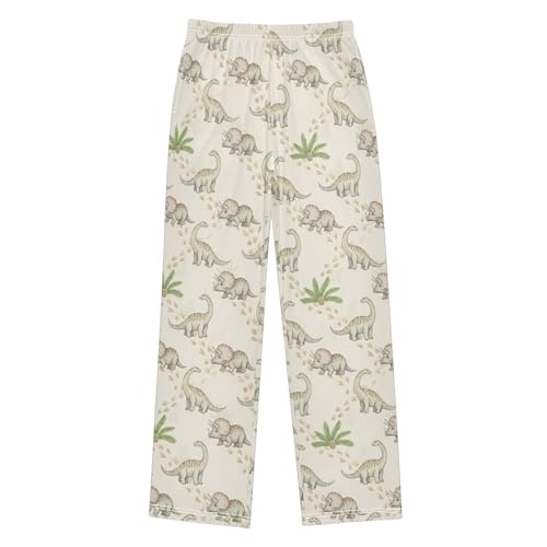 Yuiboo Dinosaurs Beige Pajama Pants Long Printed Sleep Bottoms Indoor Outdoor With 2 Pockets 6-8Y